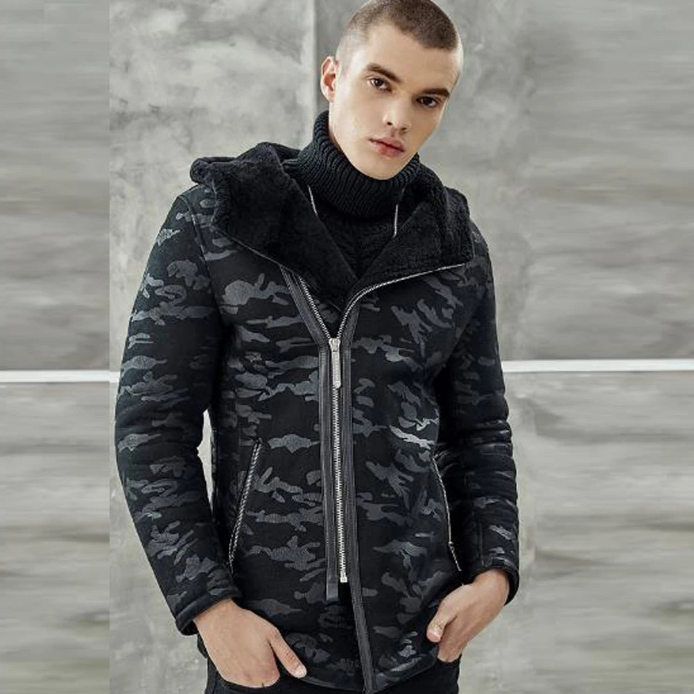 Men's Black Camouflage Pattern Fur Hooded Shearling Sheepskin Leather Jacket