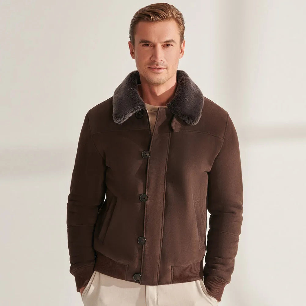 Men's Casual Style Shearling Sheepskin Single Breasted Short Bomber Jacket