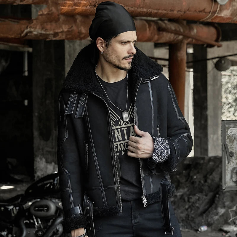 Men's Winter Style Sheepskin Shearling Leather Fur Motorcycle Jacket