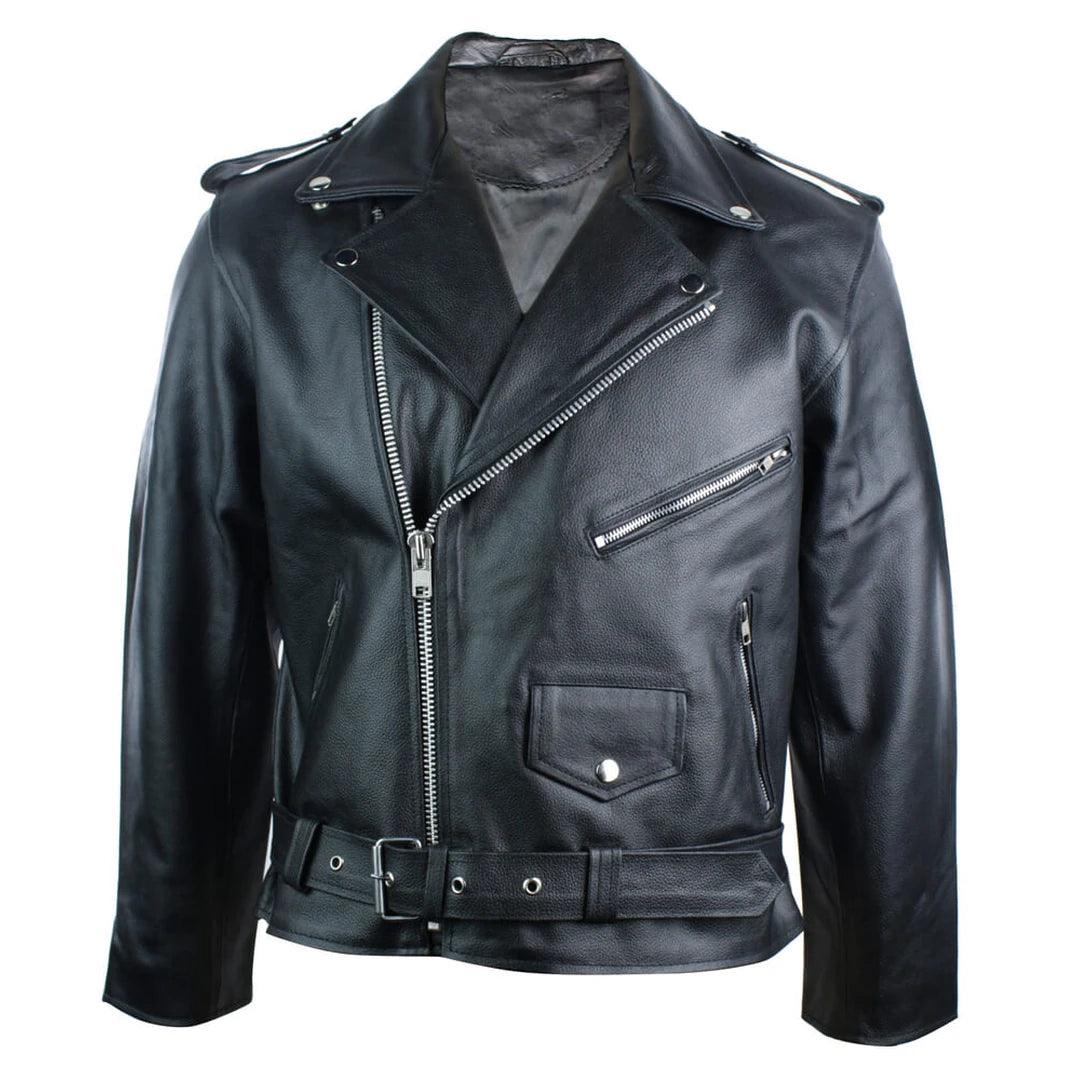 Mens 100% Real Leather Brando Style Classic Retro Biker Jacket Black