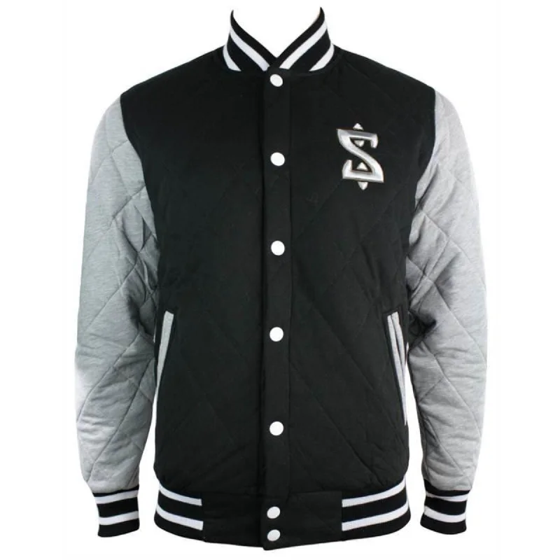 Mens Black College Baseball Grey Arms Bomber Quilted Jacket Varsity Elbow Patch