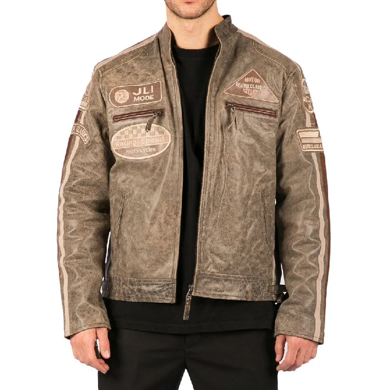 Mens Classic Retro Biker Racer Real Leather Jacket Desert Brown Grey Casual