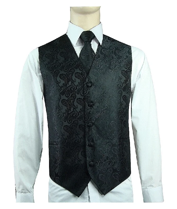 Men's 20-1 Microfiber Paisley Vest, Tie & Hanky - Black