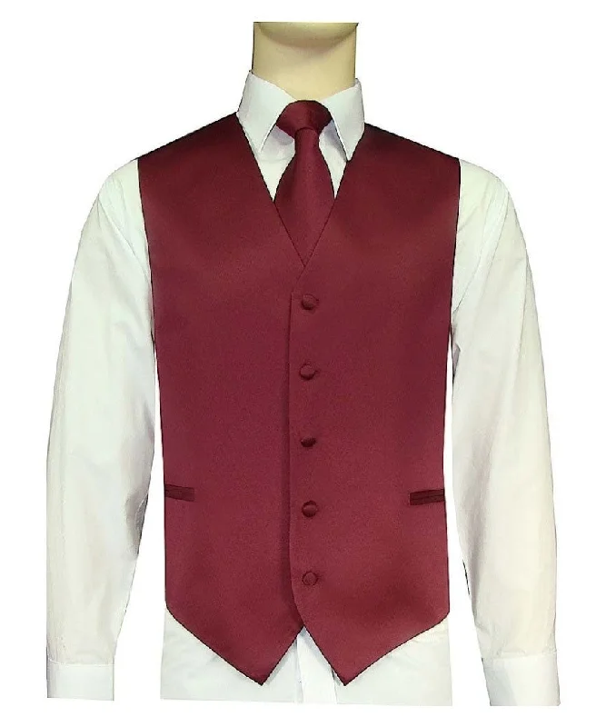 Men's Satin 10-1 Solid Vest, Tie & Hanky - Wine Burgundy